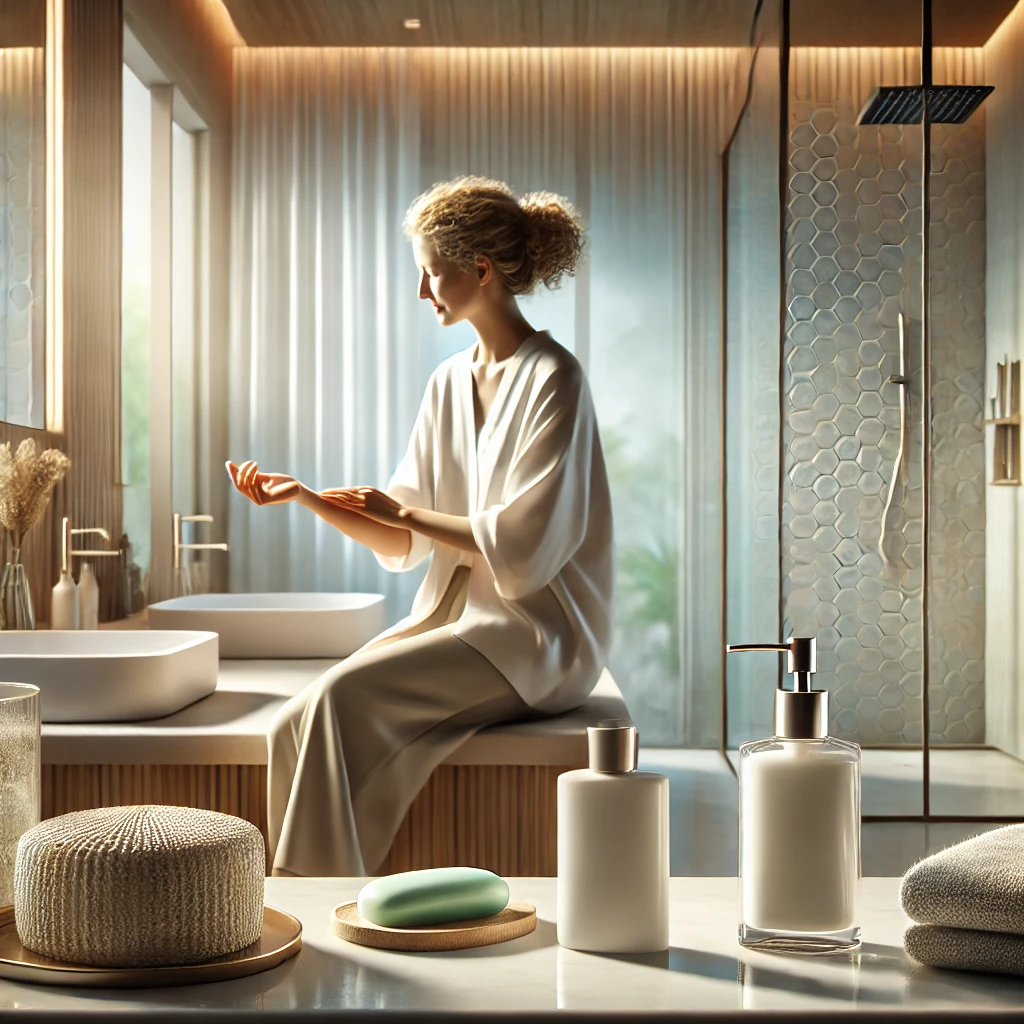 women in bathroom taking care of her skin